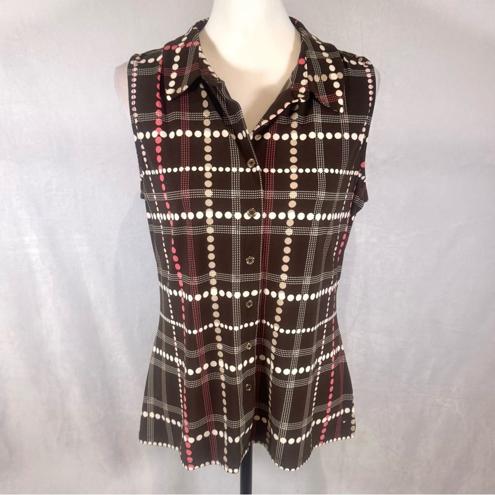 Tommy Hilfiger brown tan and pink dot and grid print button down top size large